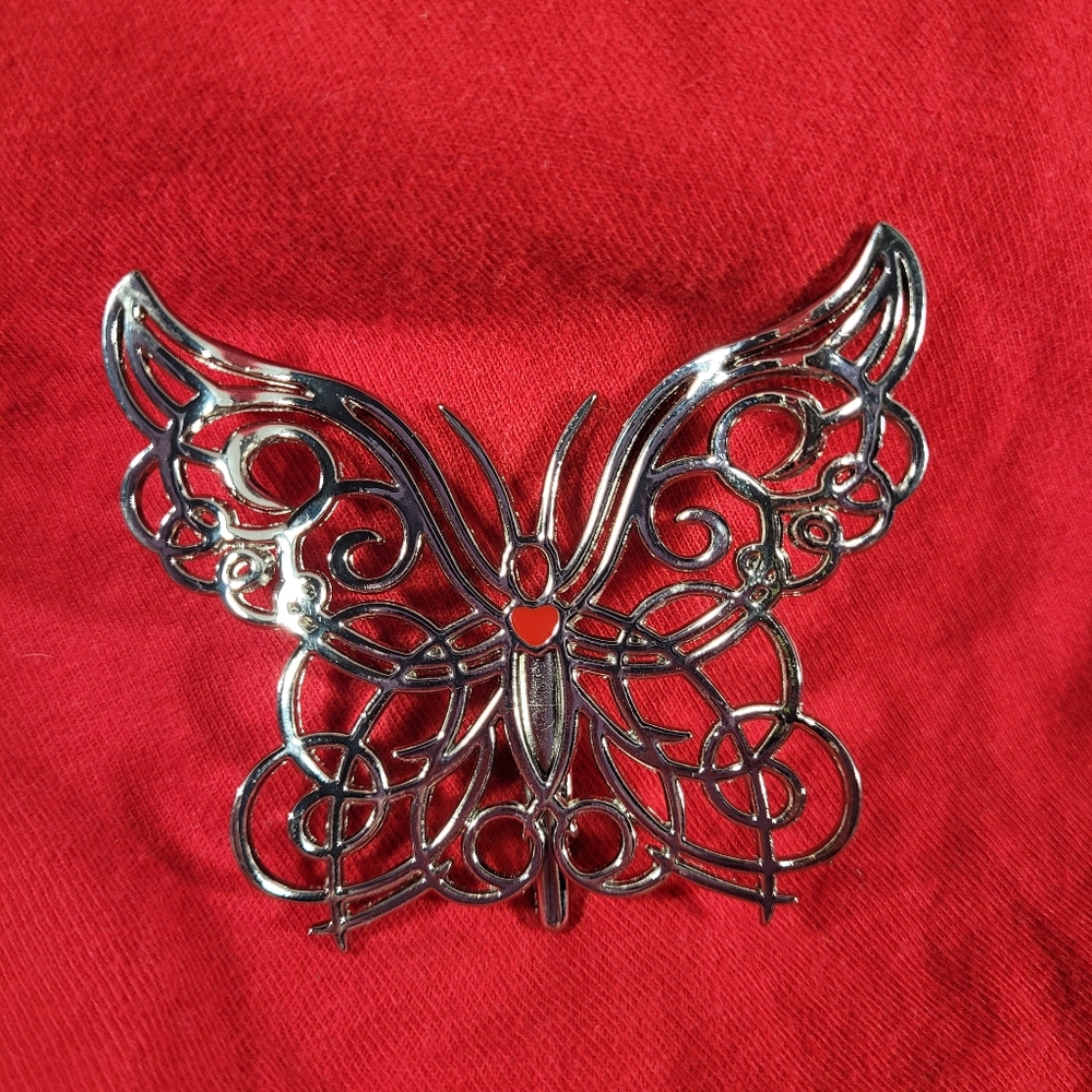 Neiman Marcus Silver Tone Filagree Butterfly Scarf Hair Dress Clip Red Heart